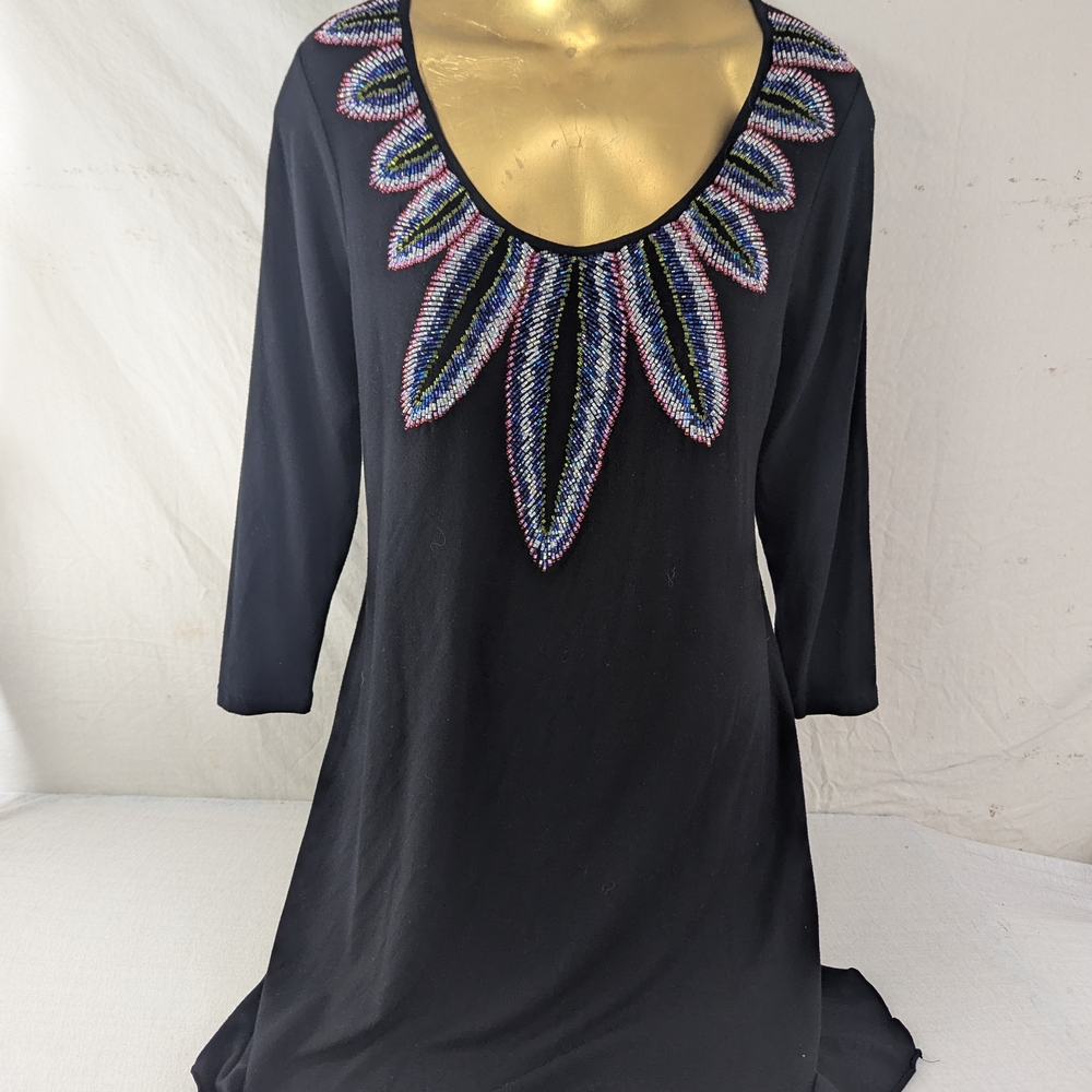 Faith Elegant Black Tunic Featuring a Vibrant, Beaded Neckline Large